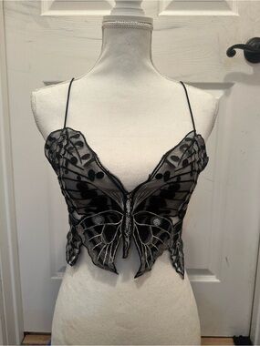 Black Sheer Butterfly Embroidered Lace Up Camisole Top Festival Whimsigoth